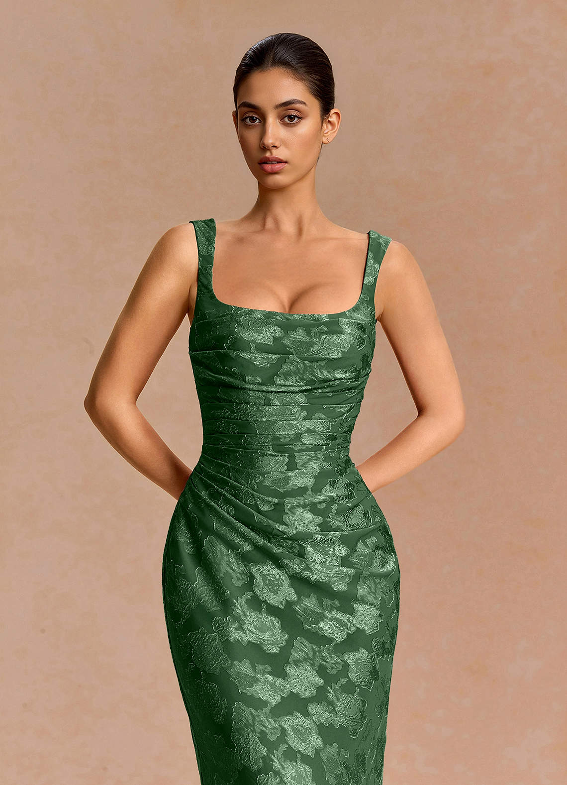 Agustina Square-Neck Pleated Fil Coupé Evening Dress in Eucalyptus
