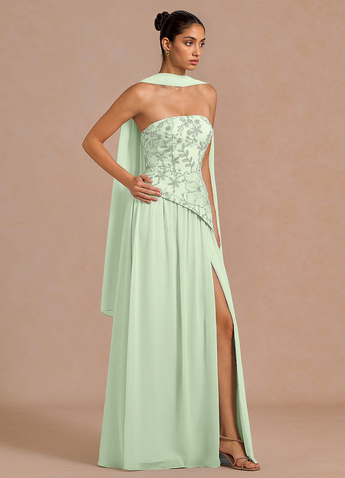 Galatea Sky Blue A-Line Floral Chiffon Evening Dress in Light Green