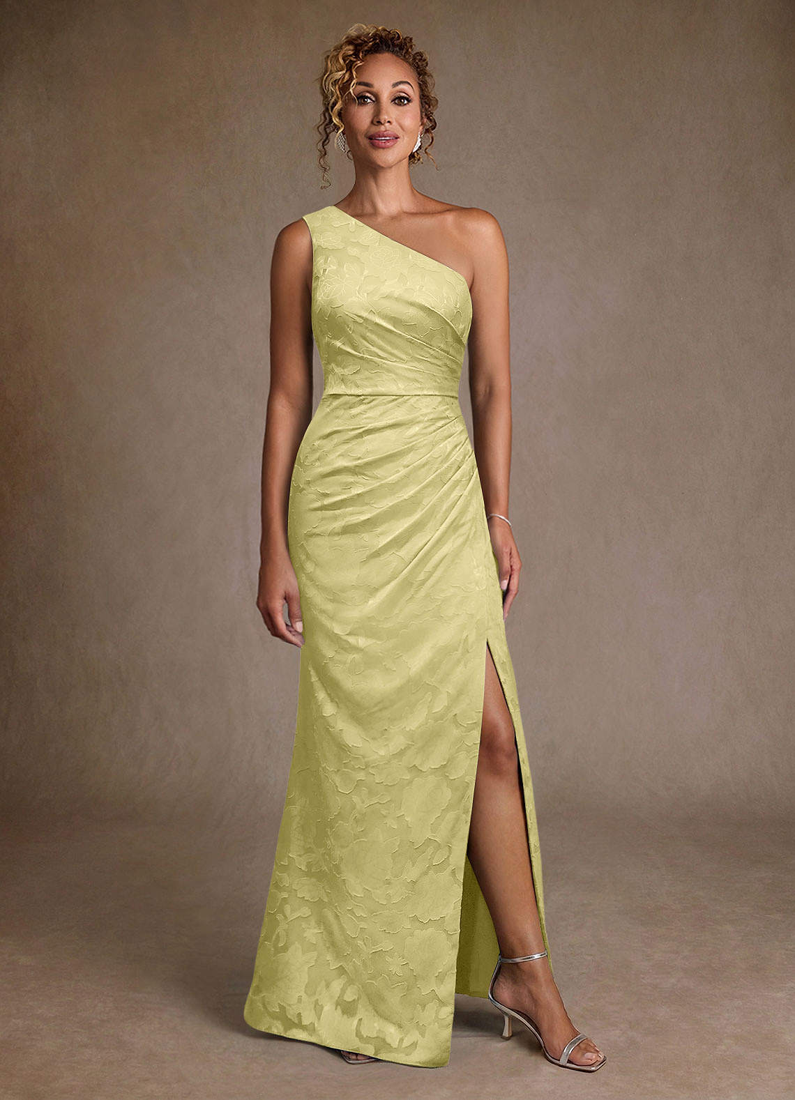 Joylin Trumpet One-Shoulder Floral Burnout Mother of the Bride Dress in Lemon Sorbet