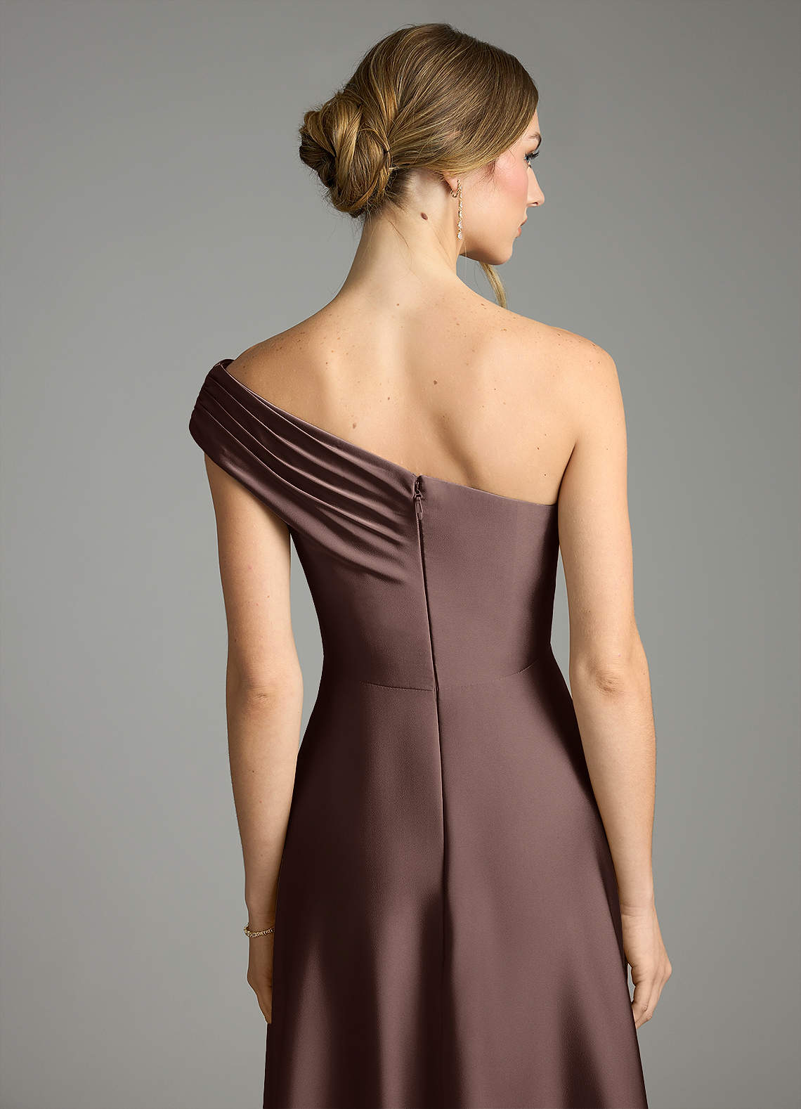 Melanie A-Line One-Shoulder Stretch Satin Bridesmaid Dress in Ganache