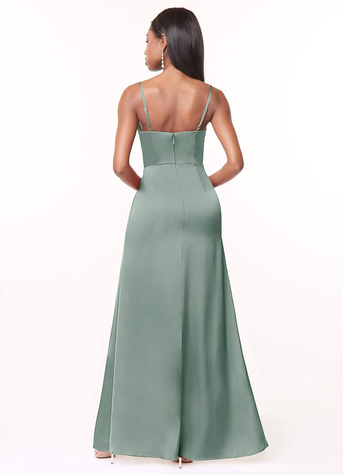 Maci A-Line V-Neck Stretch Satin Bridesmaid Dress in Silver Sage