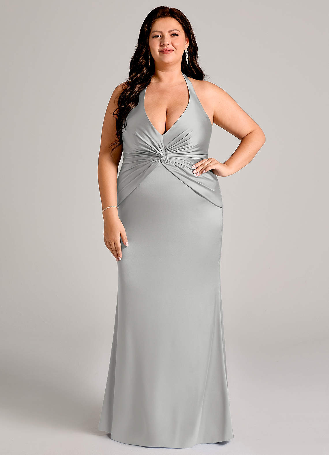 Valerie Mermaid V-Neck Stretch Satin Bridesmaid Dress in Silver