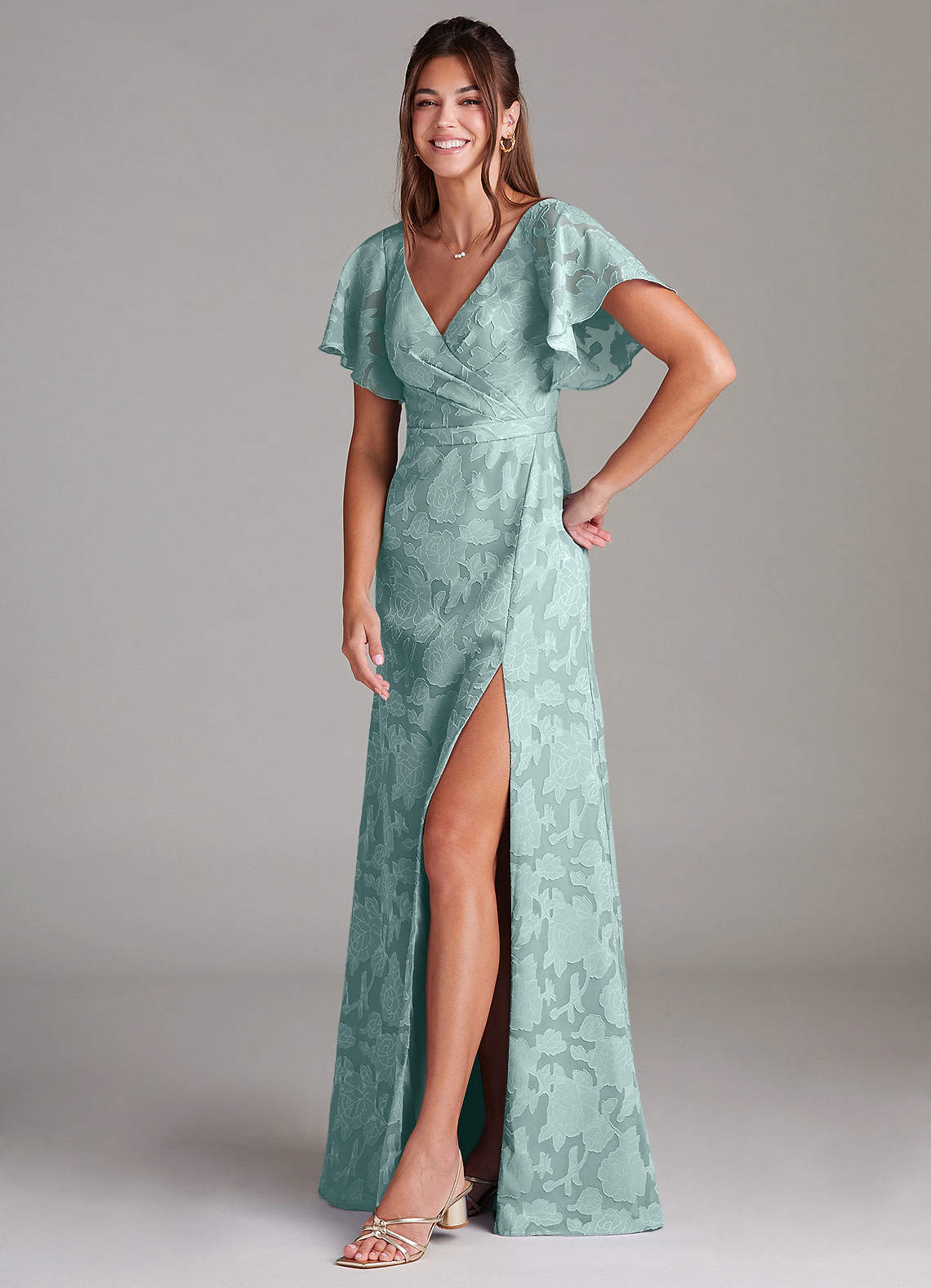 Ambrosia A-Line V-Neck Floral Burnout Bridesmaid Dress in Mist