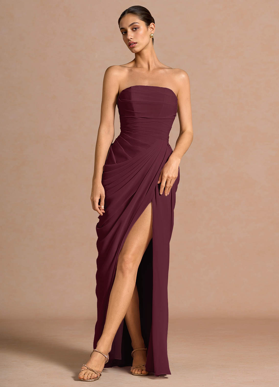 Kaavia Column Pleated Chiffon Maxi Evening Dress in Wine