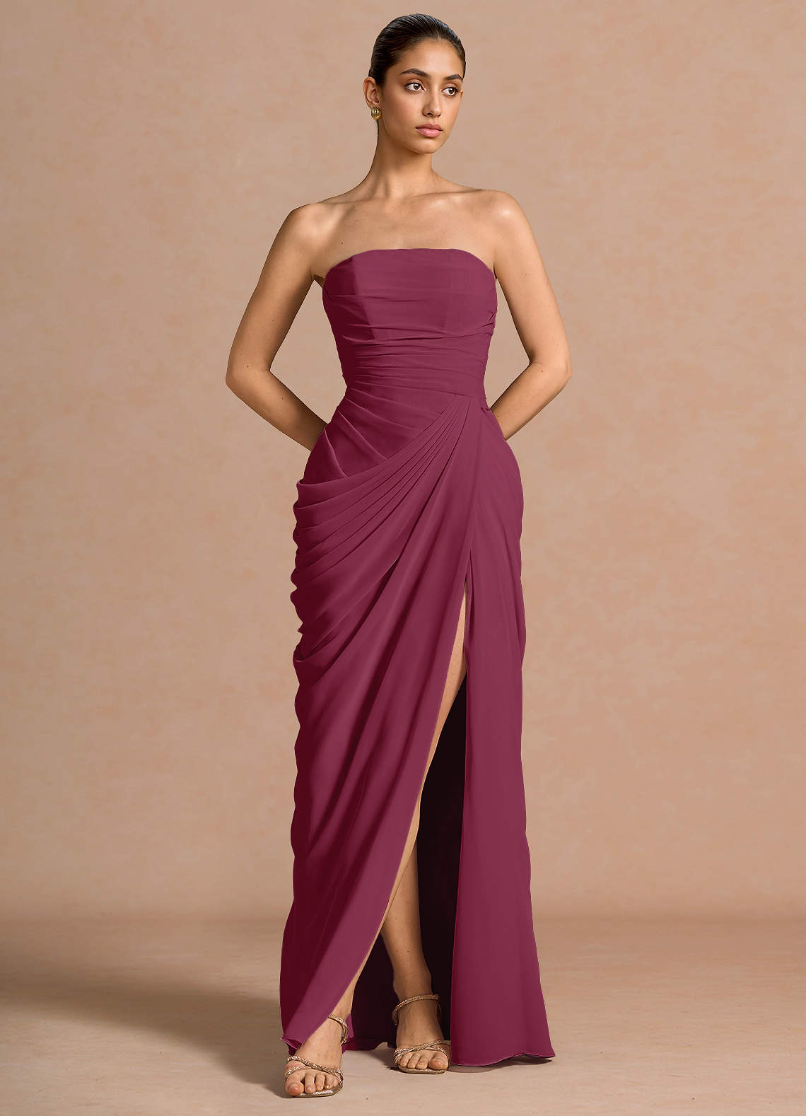 Kaavia Column Pleated Chiffon Maxi Evening Dress in Dusty Blue