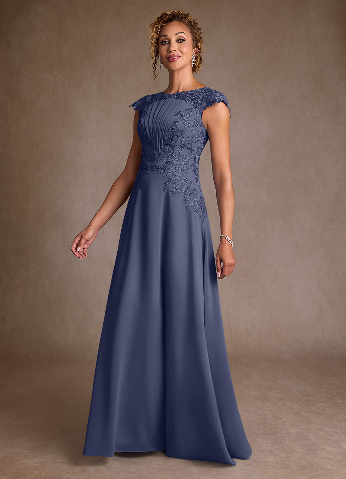 Christi A-Line Scoop-Neck Chiffon and Lace Mother of the Bride Dress in Stormy