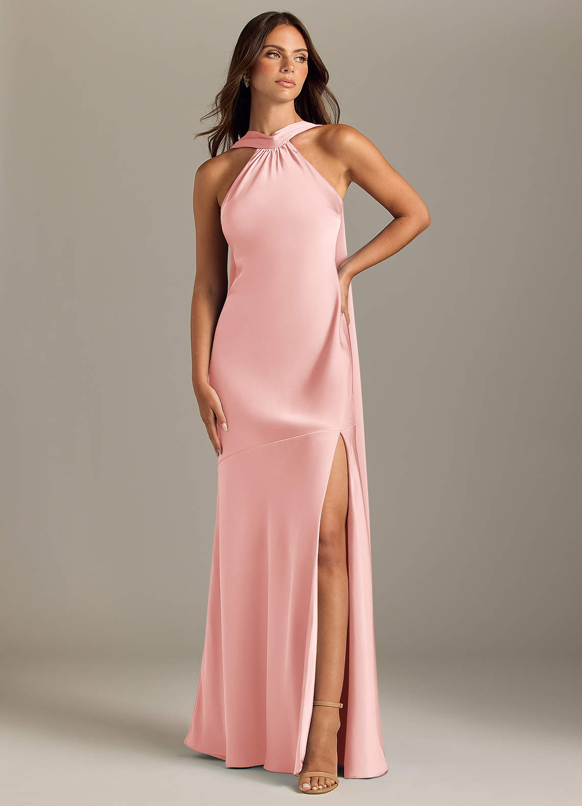 Kinsley Mermaid Halter Stretch Satin Bridesmaid Dress in Powder Pink