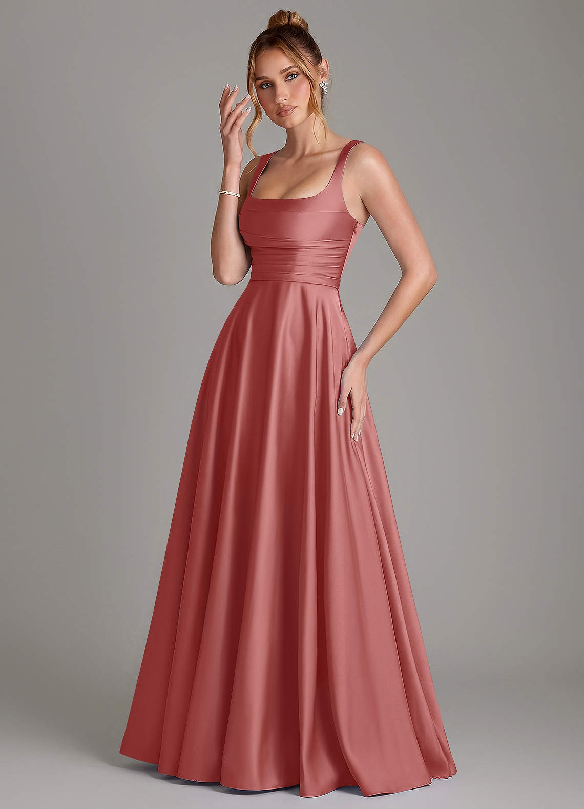 Azaria A-Line Square-Neck Stretch Satin Bridesmaid Dress in Antique Rose
