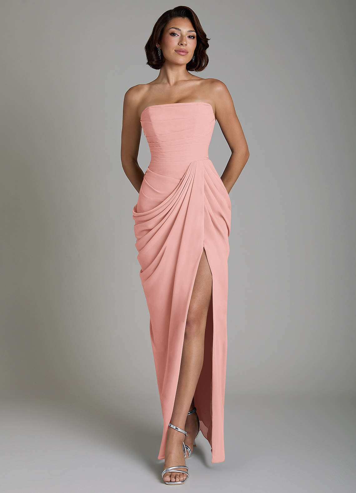 Nyra Sheath Strapless Chiffon Bridesmaid Dress in Rosette
