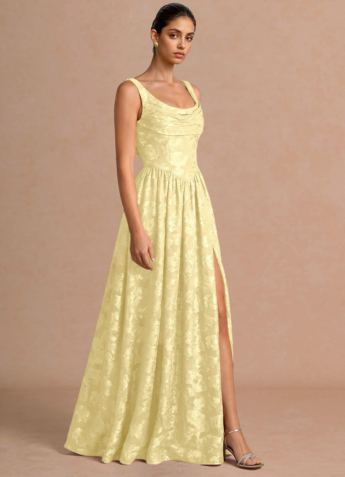 Novi A-Line Draped-Neck Floral Fil Coupé Evening Dress in Lemon Sorbet
