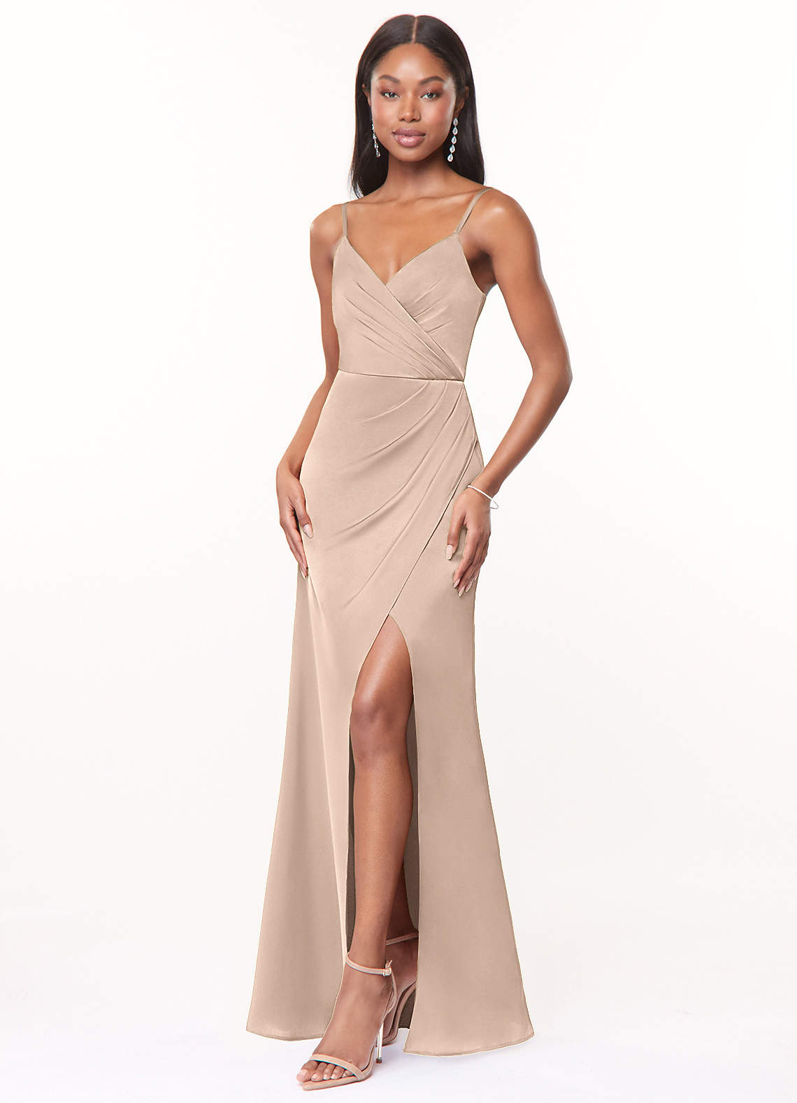 Maci A-Line V-Neck Stretch Satin Bridesmaid Dress in English Rose
