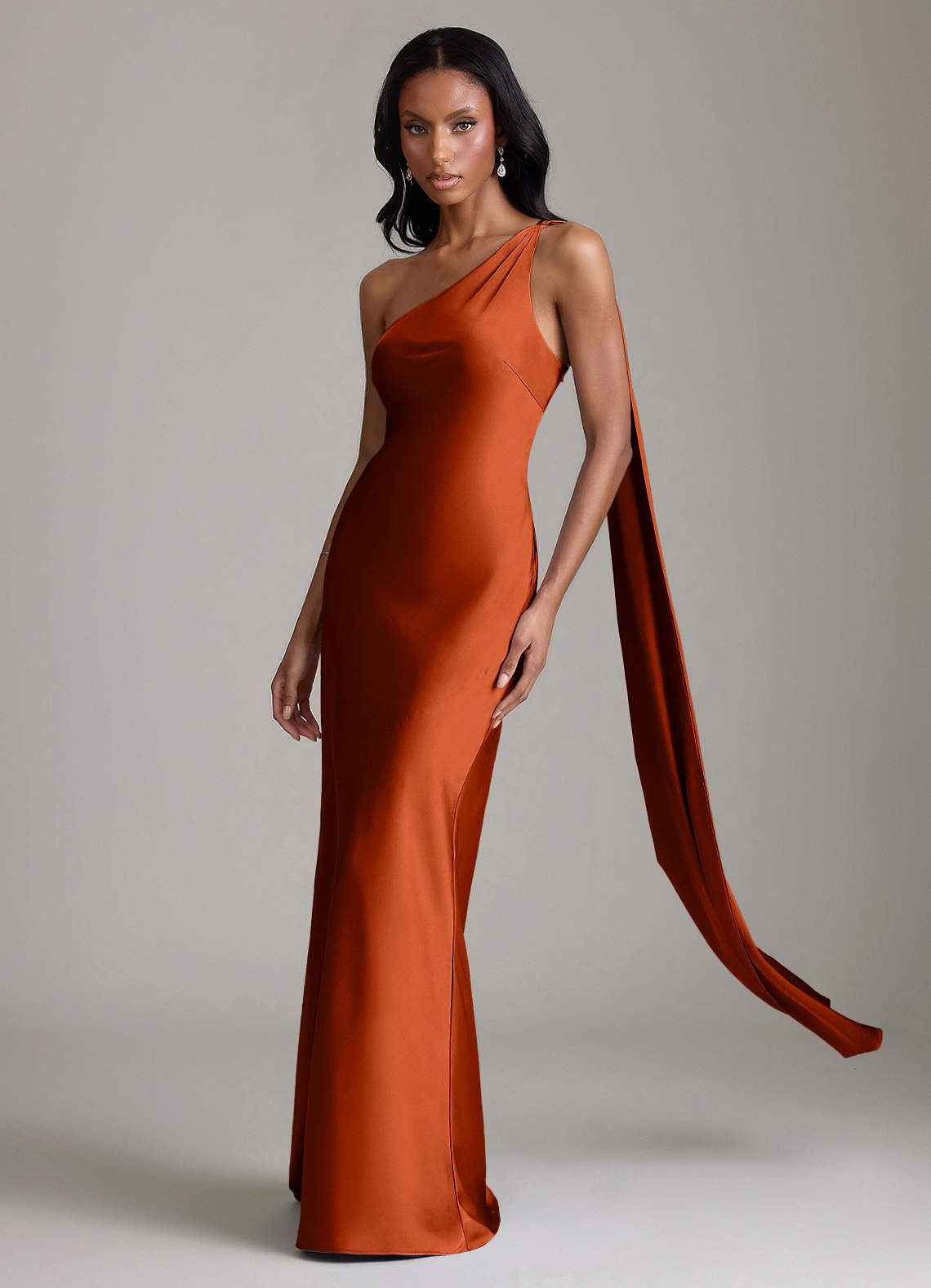 Juniper Mermaid One-Shoulder Stretch Satin Bridesmaid Dress in Paprika