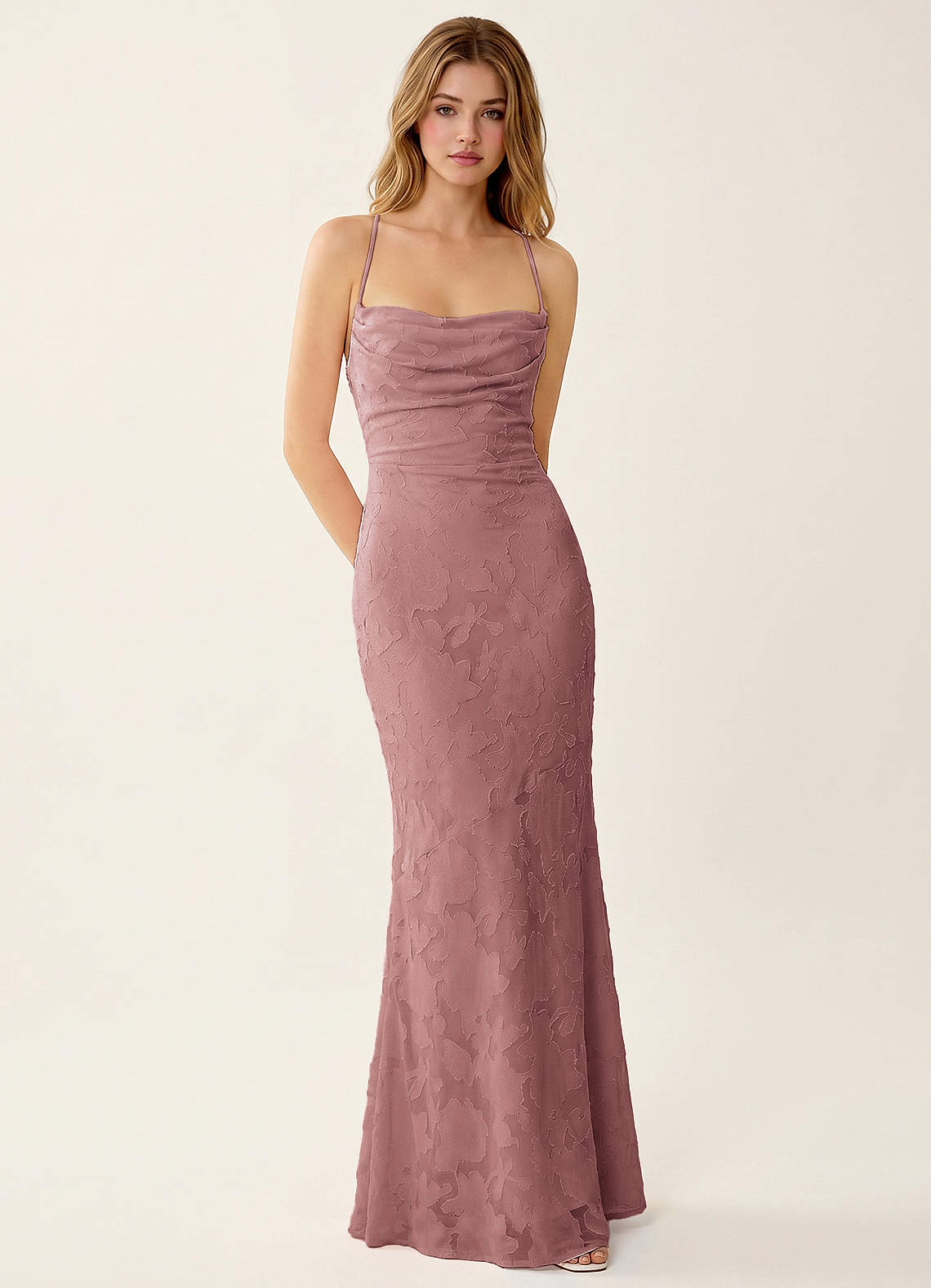 Natasha Mermaid Spaghetti-Strap Floral Burnout Evening Dress in Dusty Pink