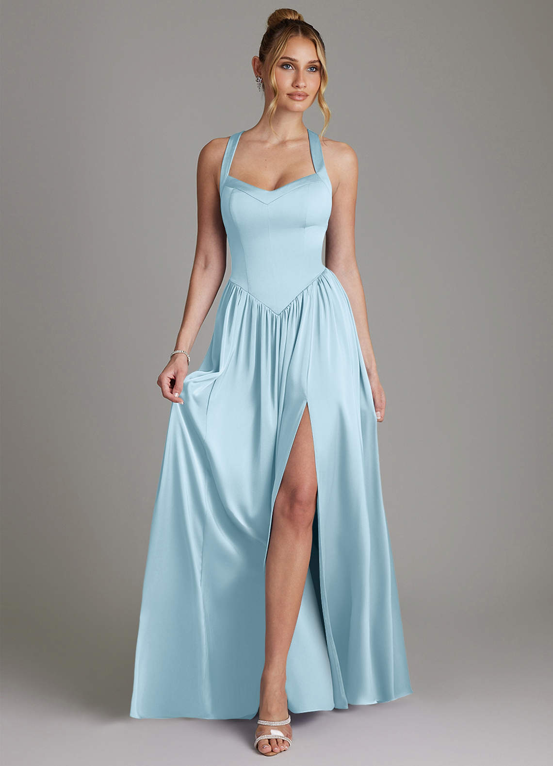 Francis A-Line V-Neck Stretch Satin Bridesmaid Dress in Sky Blue