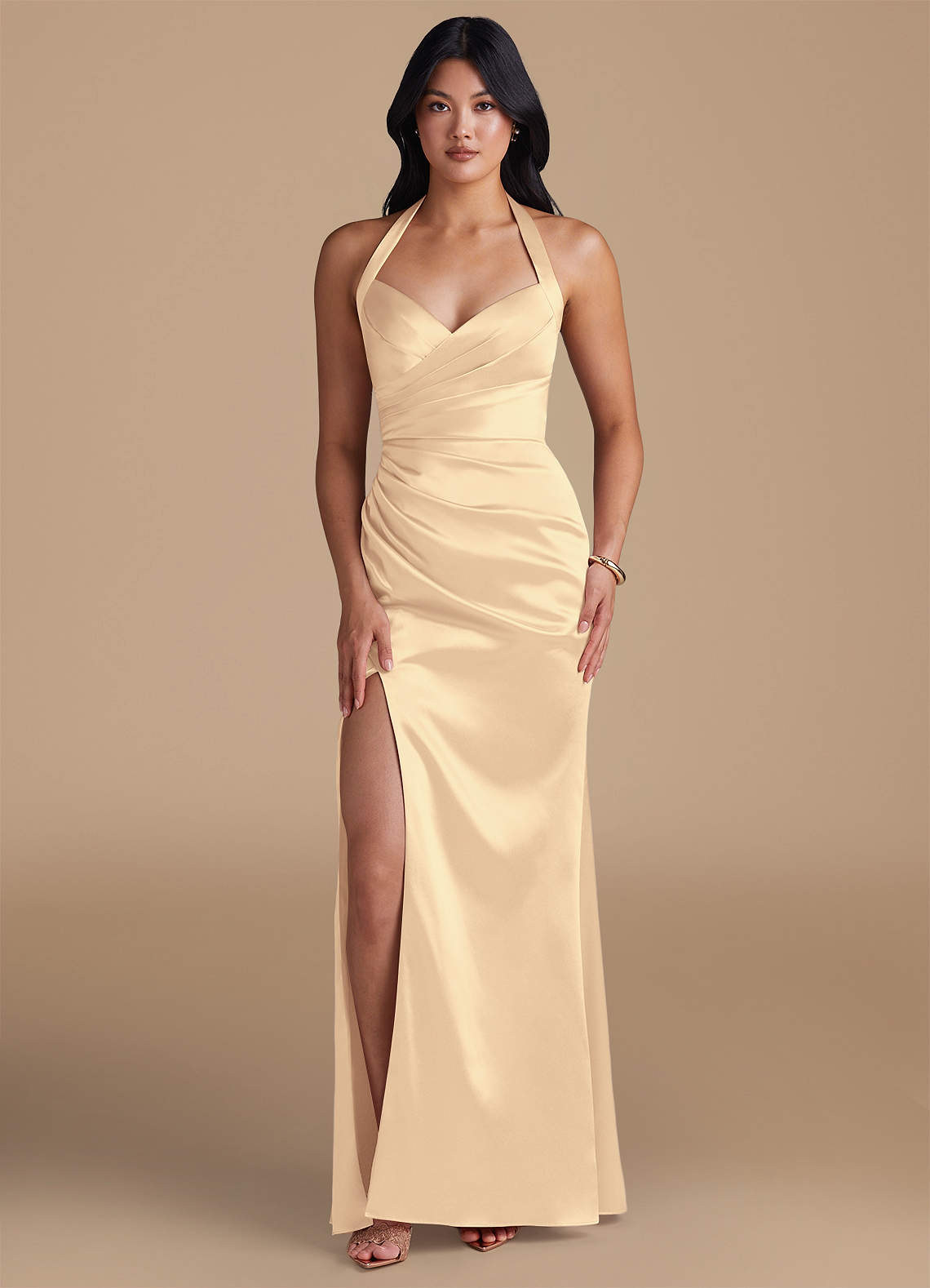 Emeria Sheath Halter Metallic Satin Bridesmaid Dress in Gold