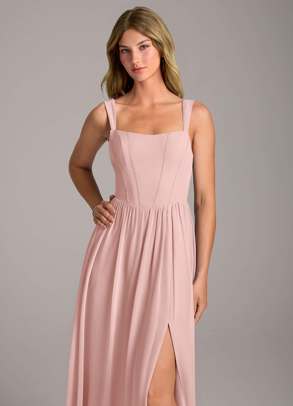Rosaline A-Line Square-Neck Chiffon Bridesmaid Dress in Powder Pink