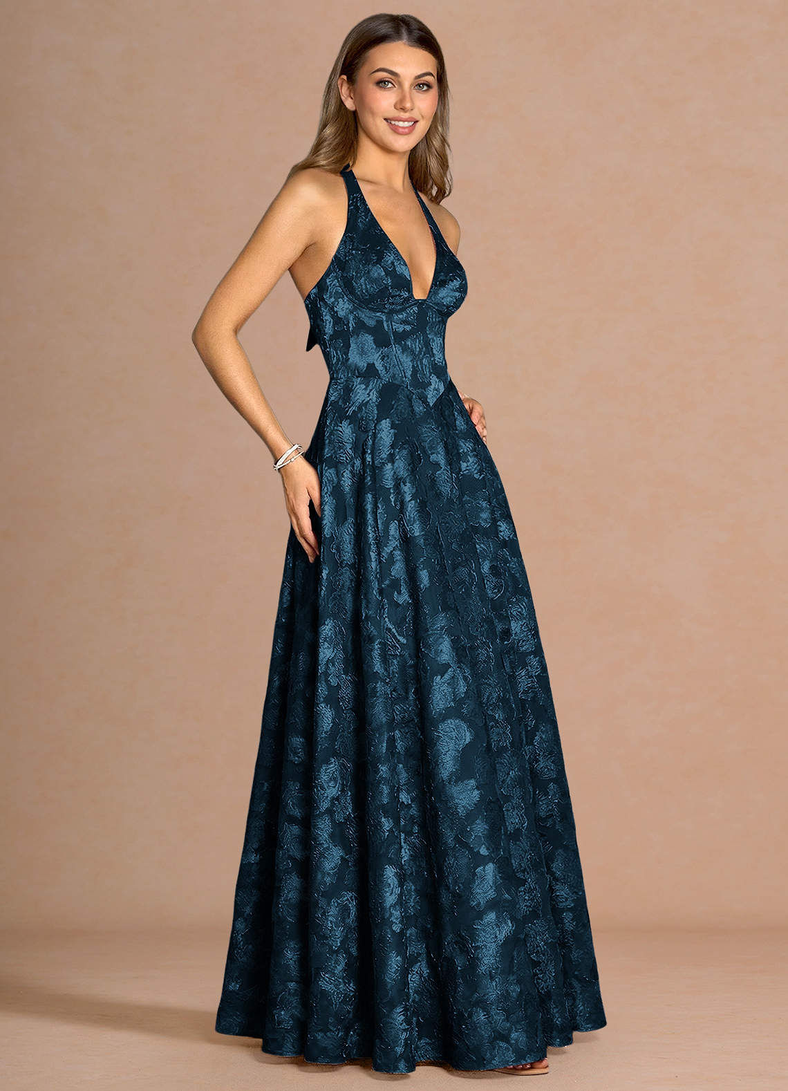 Isabeau A-Line V-Neck Fil Coupé Evening Dress in Navy
