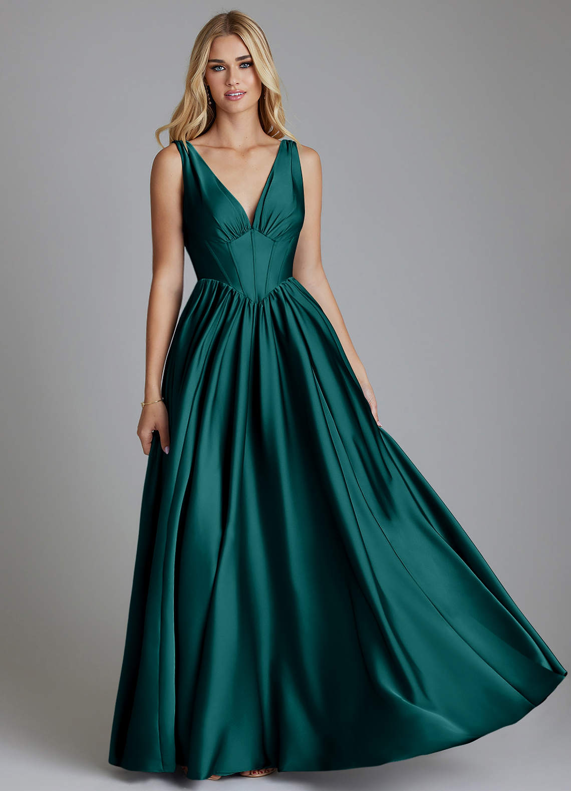 Delmie A-Line V-Neck Stretch Satin Bridesmaid Dress in Peacock