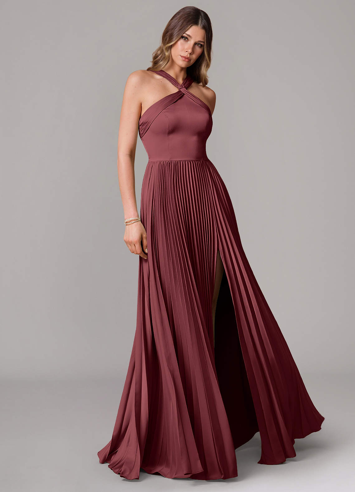 Afra A-Line Halter-Neck Stretch Satin Bridesmaid Dress in Merlot