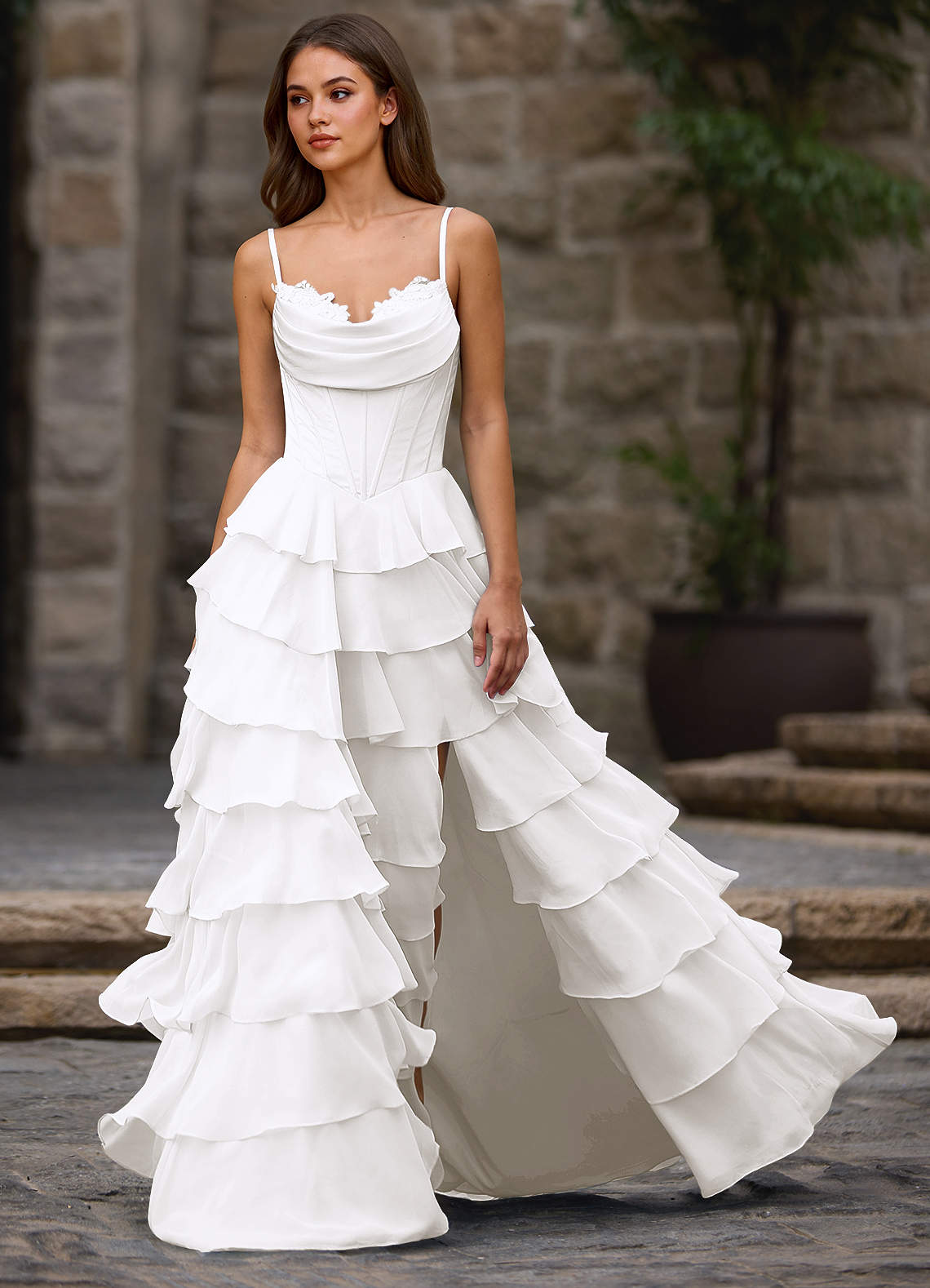Floralace A-Line Ruffle Chiffon Evening Dress in White