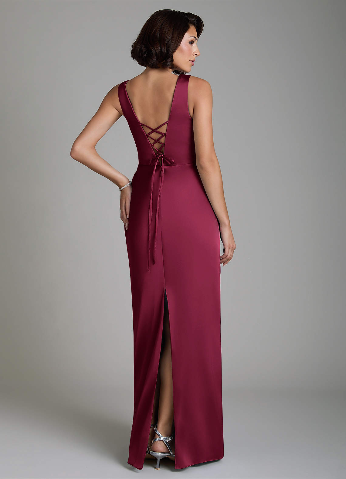 Vanya Sheath V-Neck Stretch Satin Bridesmaid Dress in Burgundy
