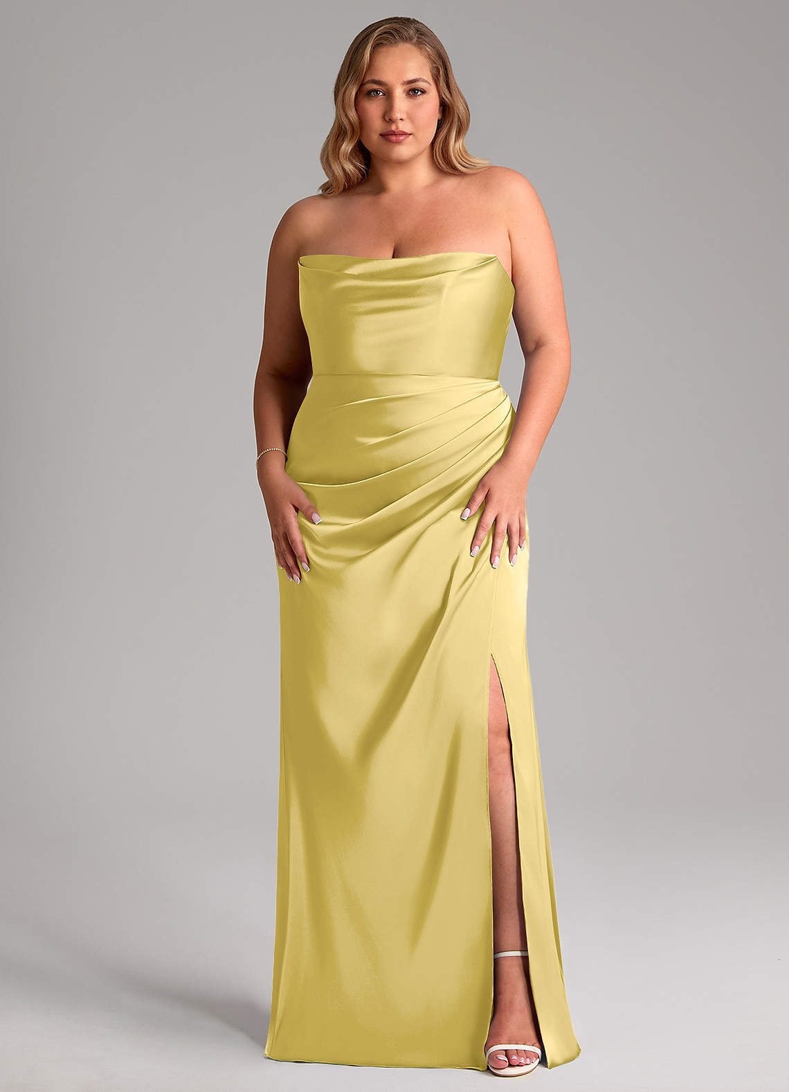 Leonis Mermaid Cowl-Neck Stretch Satin Bridesmaid Dress in Canary