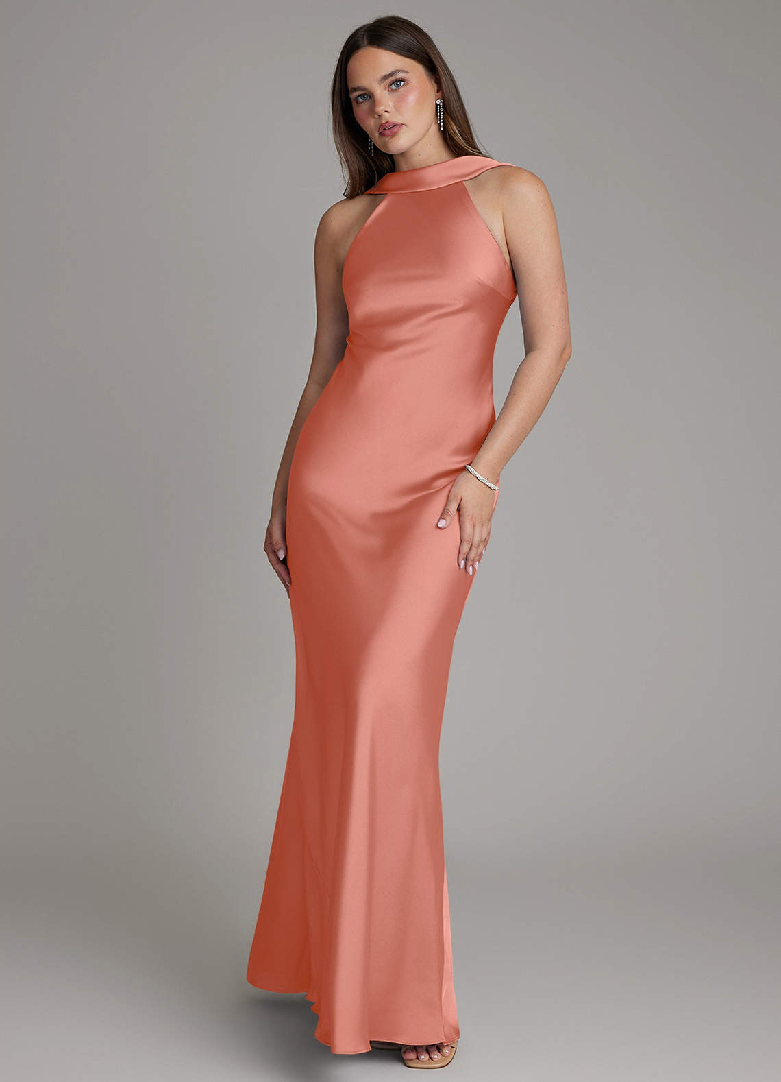 Dimitra Sheath Halter Stretch Satin Bridesmaid Dress in Salmon Pink