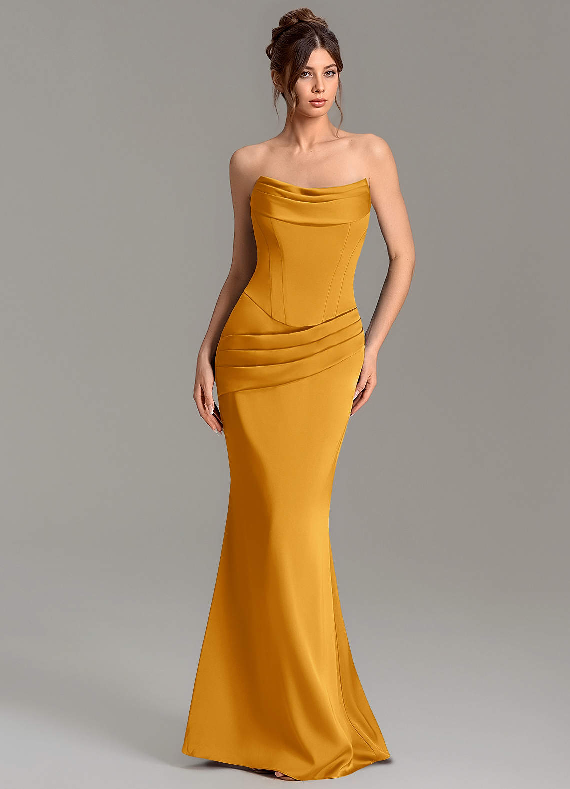 Adrienne Mermaid Cowl-Neck Stretch Satin Bridesmaid Dress in butterscotch