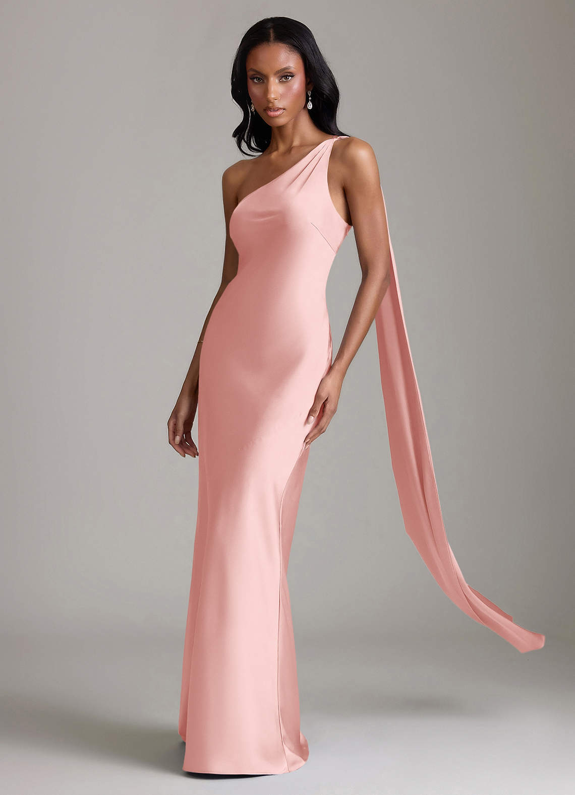 Juniper Mermaid One-Shoulder Stretch Satin Bridesmaid Dress in Powder Pink