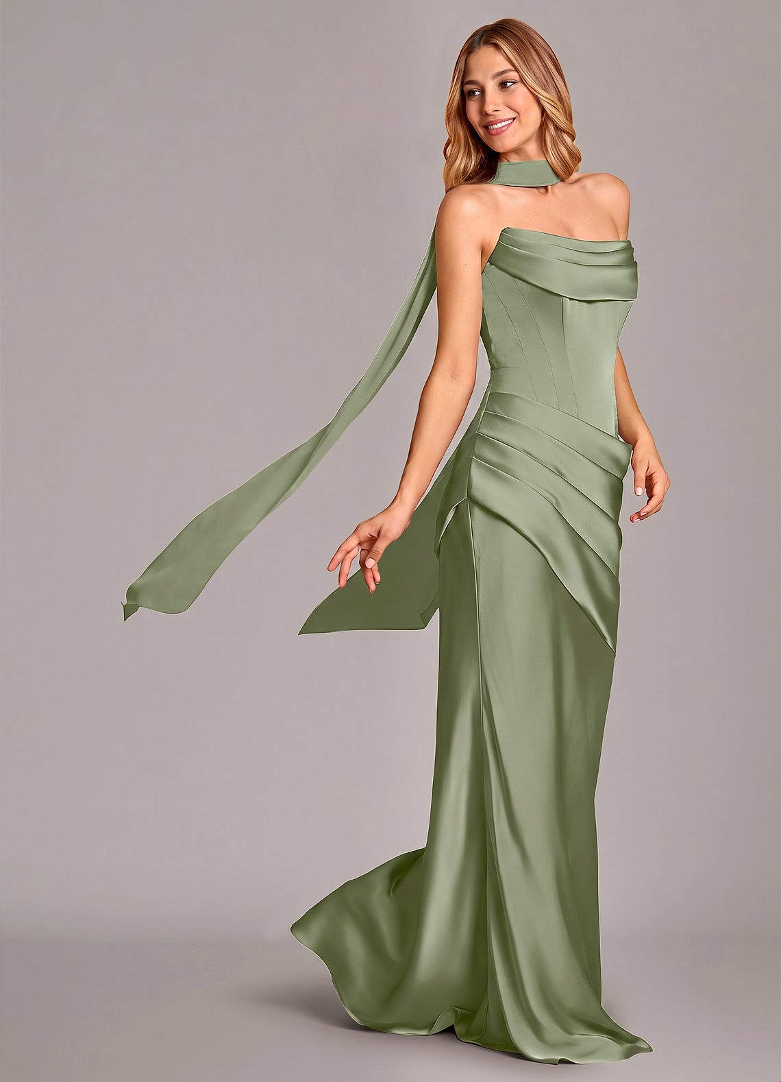 Pelagia Mermaid Cowl-Neck Stretch Satin Bridesmaid Dress in Pistachio