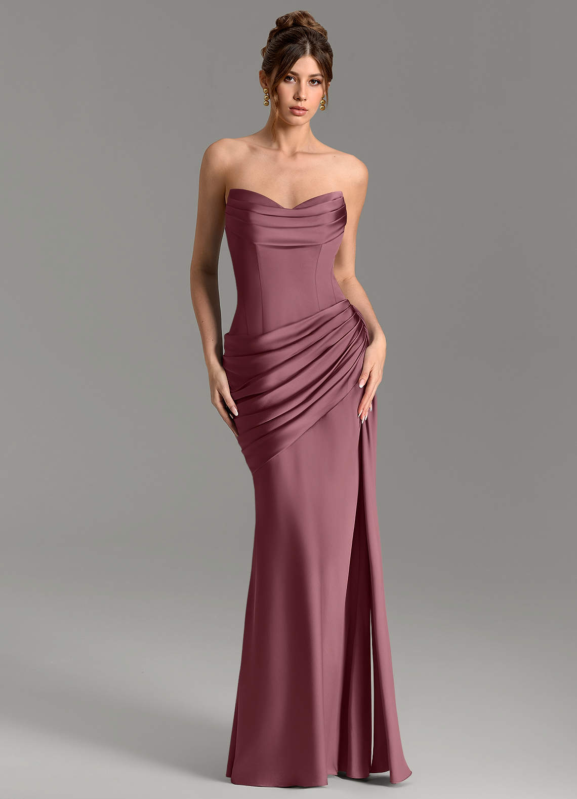 Zorah Mermaid Sweetheart Stretch Satin Bridesmaid Dress in Desert Rose