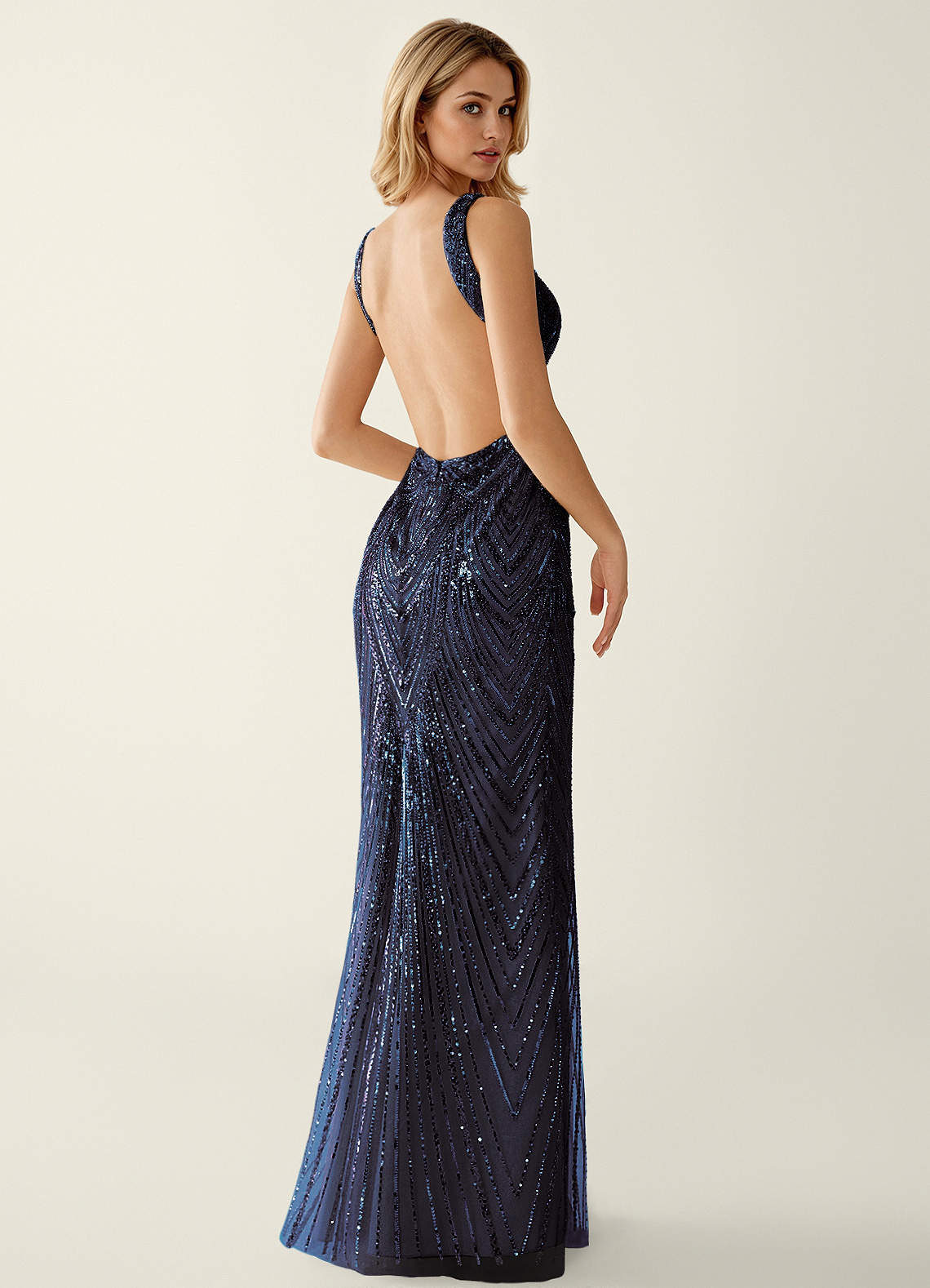 Hazelen Plunging V-Neck Chevron Sequin Tulle Evening Dress in Solid Navy