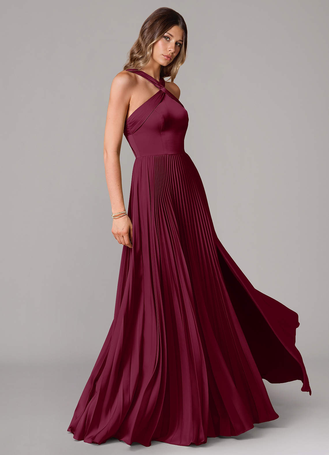 Afra A-Line Halter-Neck Stretch Satin Bridesmaid Dress in Mulberry