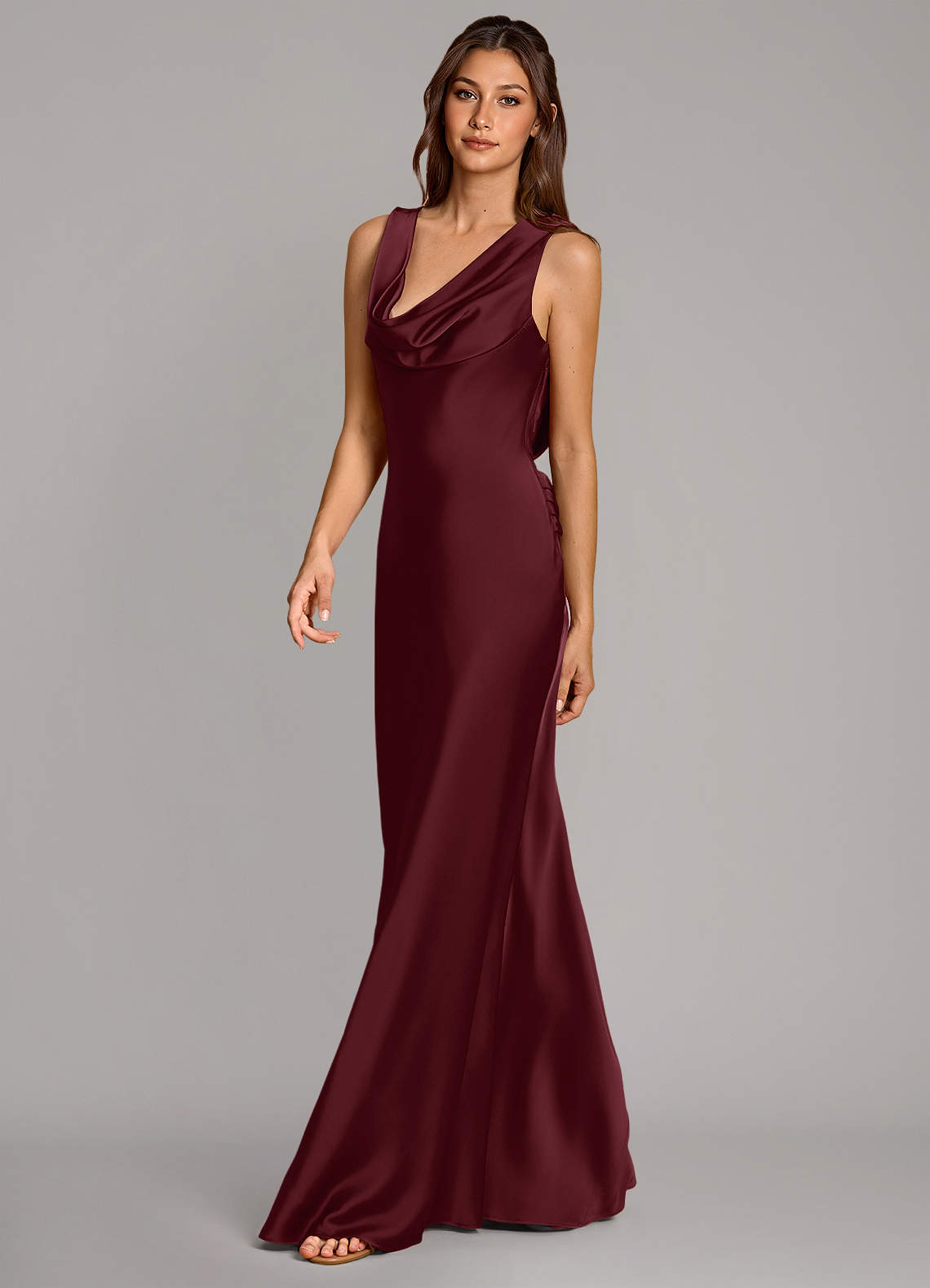 Cheryl Mermaid Cowl-Neck Stretch Satin Bridesmaid Dress in Cabernet