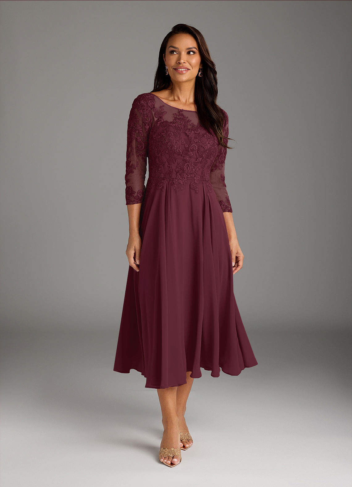 Marge A-Line Scoop-Neck Chiffon and Lace Mother of the Bride Dress in Cabernet