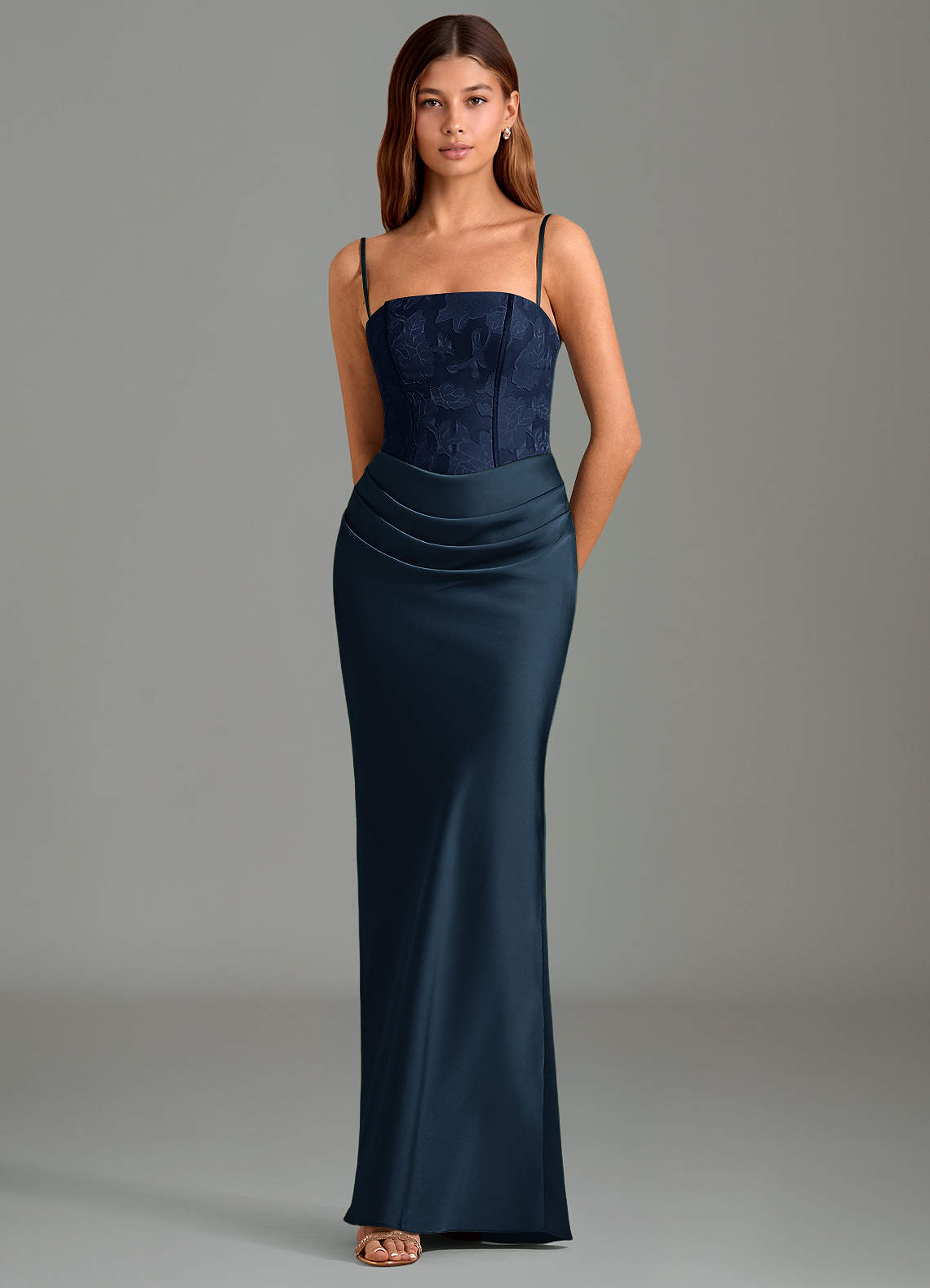 Emilia Mermaid Strapless Stretch Satin and Floral Burnout Bridesmaid Dress in Dark Navy