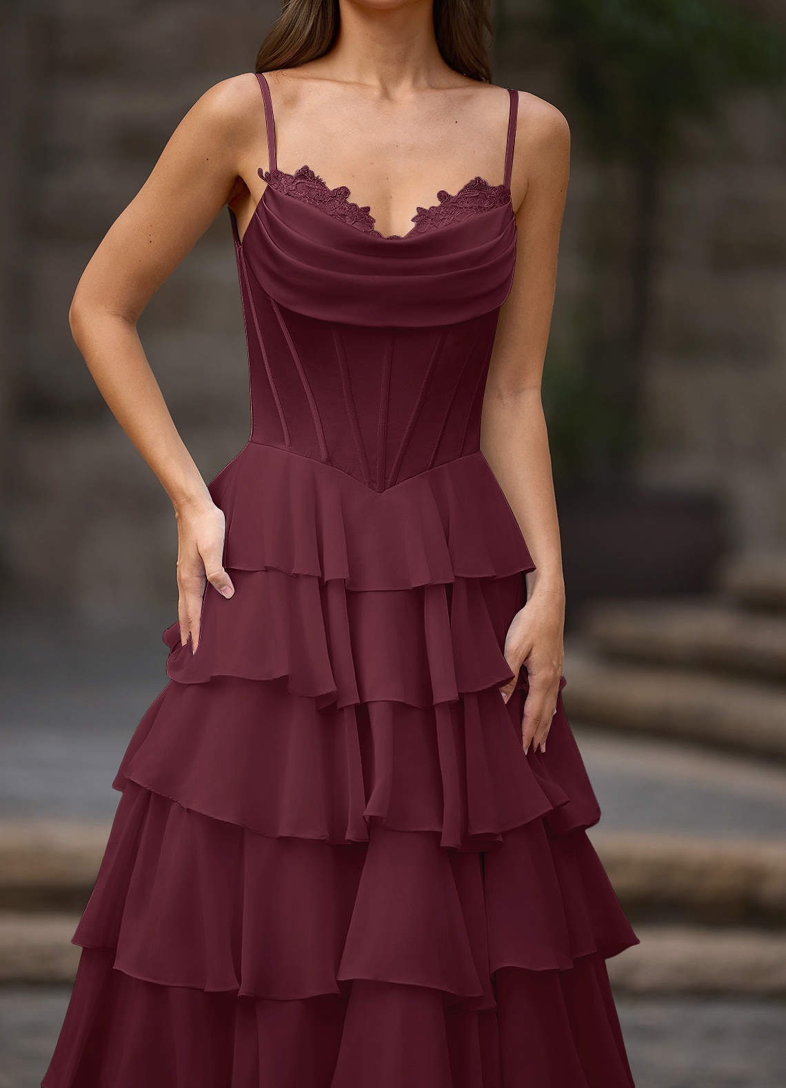 Floralace A-Line Ruffle Chiffon Evening Dress in Wine