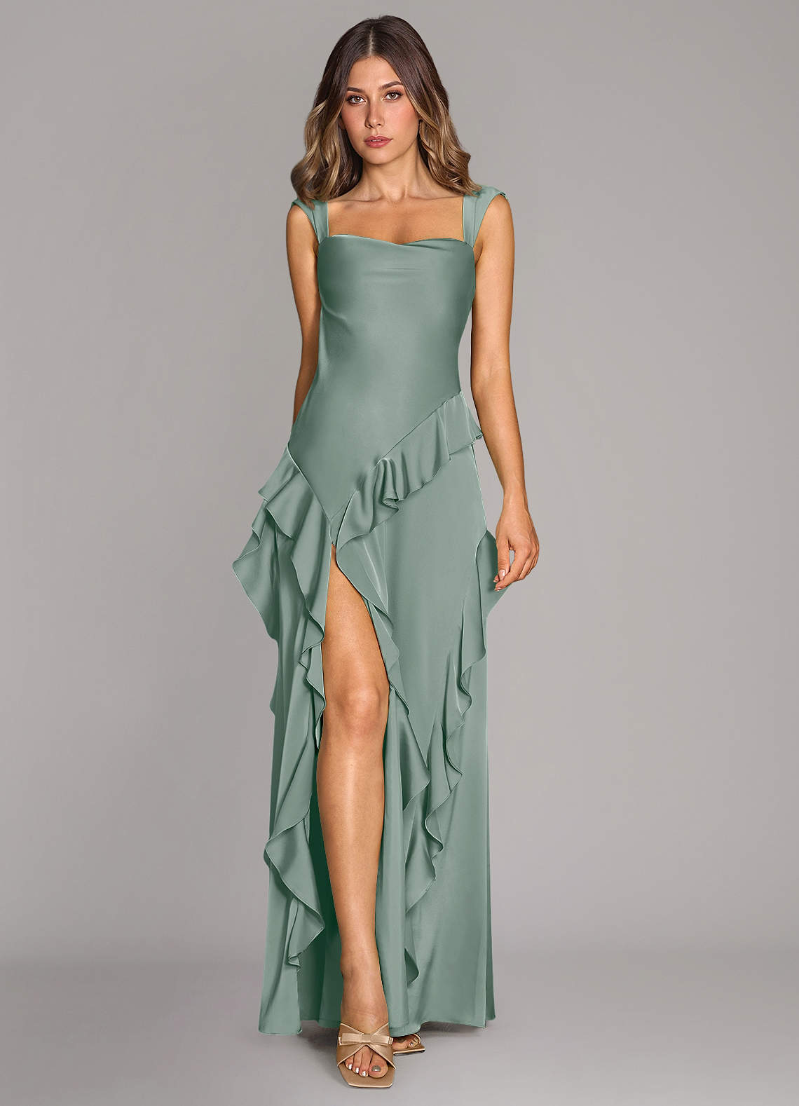 Sloane A-Line Sweetheart Stretch Satin Bridesmaid Dress in Silver Sage