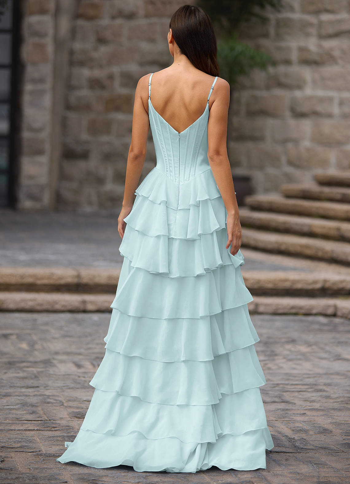 Floralace A-Line Ruffle Chiffon Evening Dress in Mist