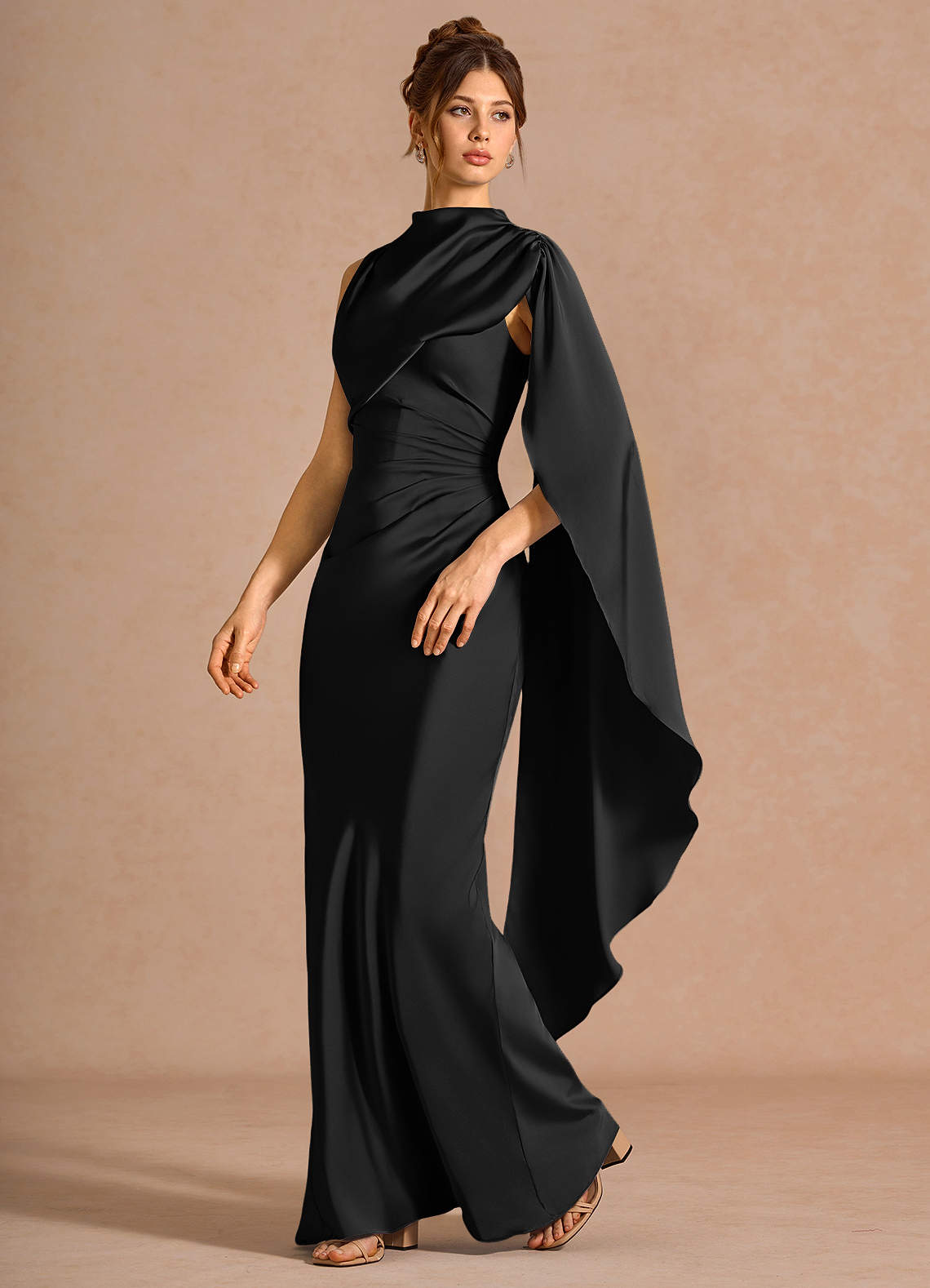 Chesney Cape-Sleeve Pleated Stretch Satin Wedding Guest Dress in black