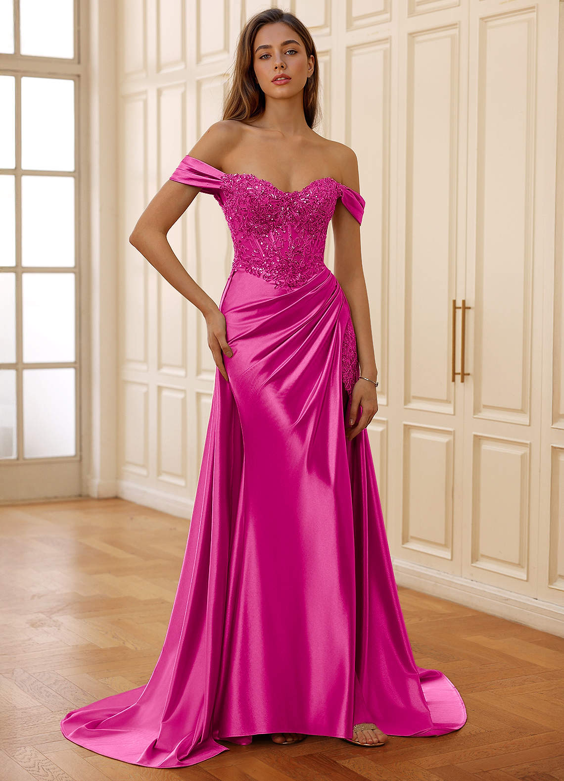 Rowane A-Line Off-the-Shoulder Satin Evening Dress in Plum