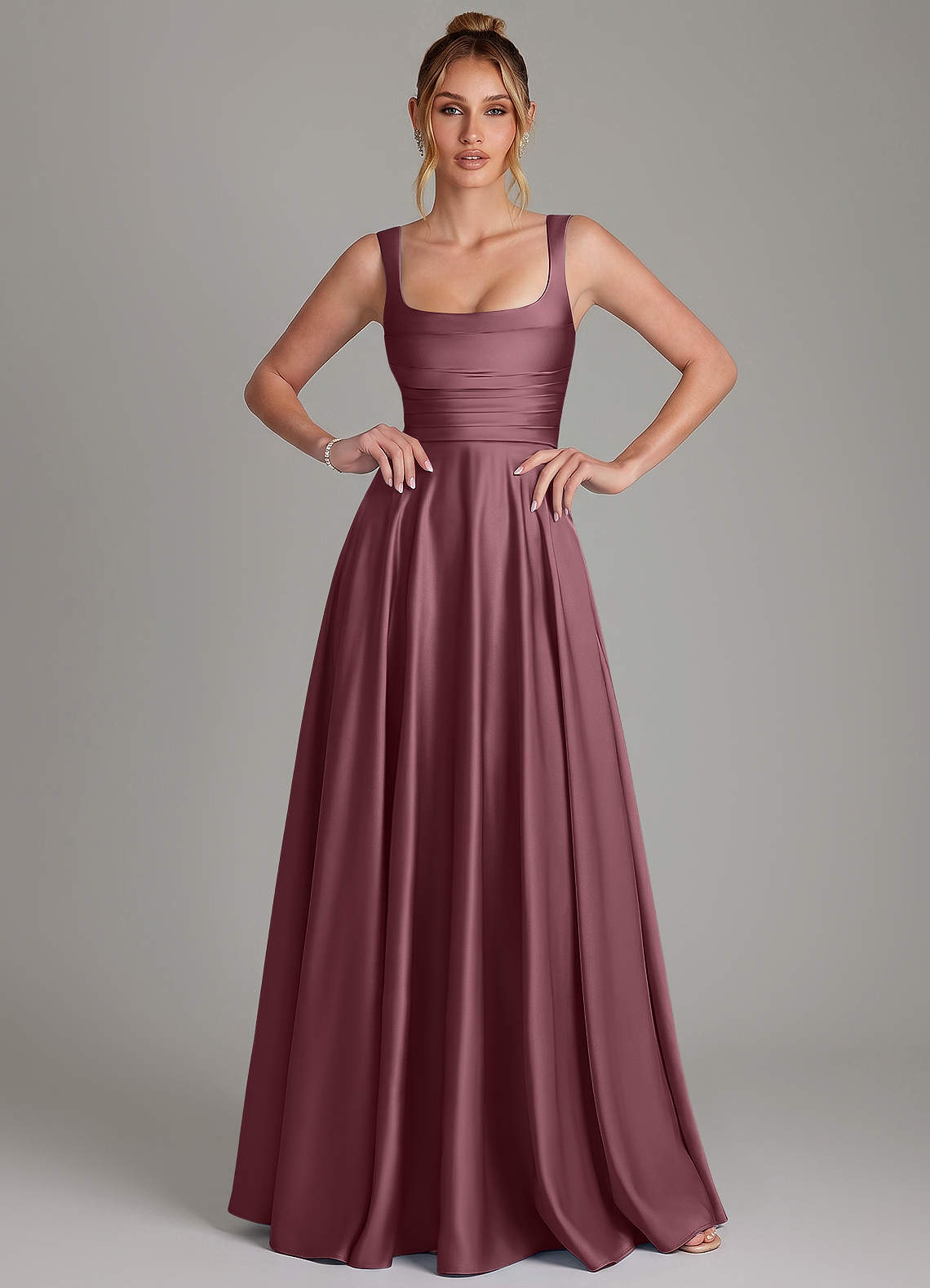 Azaria A-Line Square-Neck Stretch Satin Bridesmaid Dress in Desert Rose