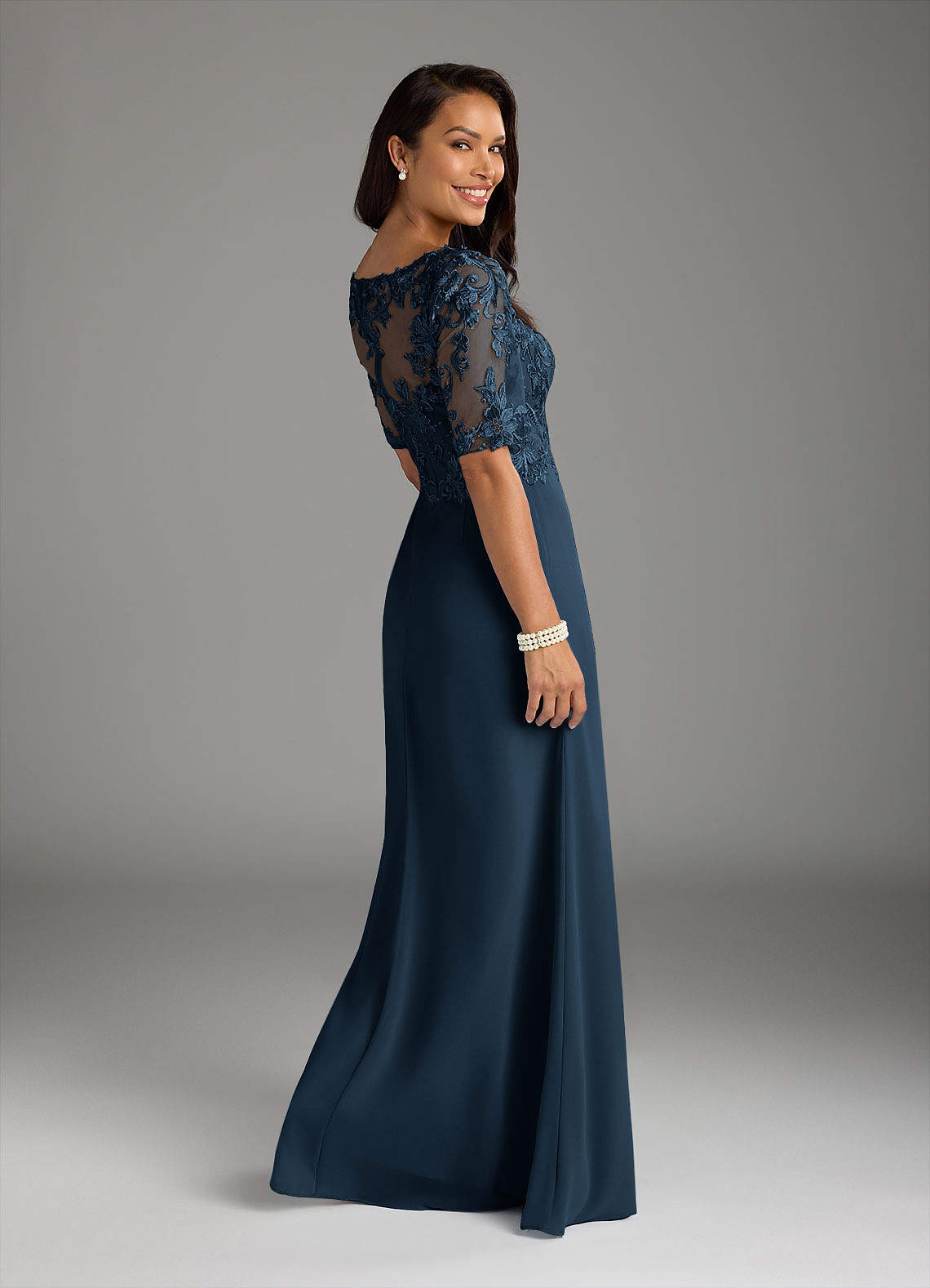 Amedeus A-Line V-Neck Chiffon and Lace Mother of the Bride Dress in Dark Navy