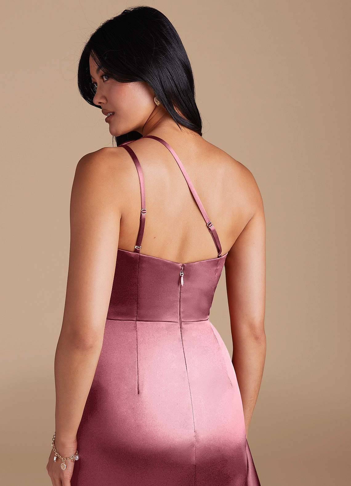 Latrice Sheath One-Shoulder Metallic Satin Bridesmaid Dress in Desert Rose