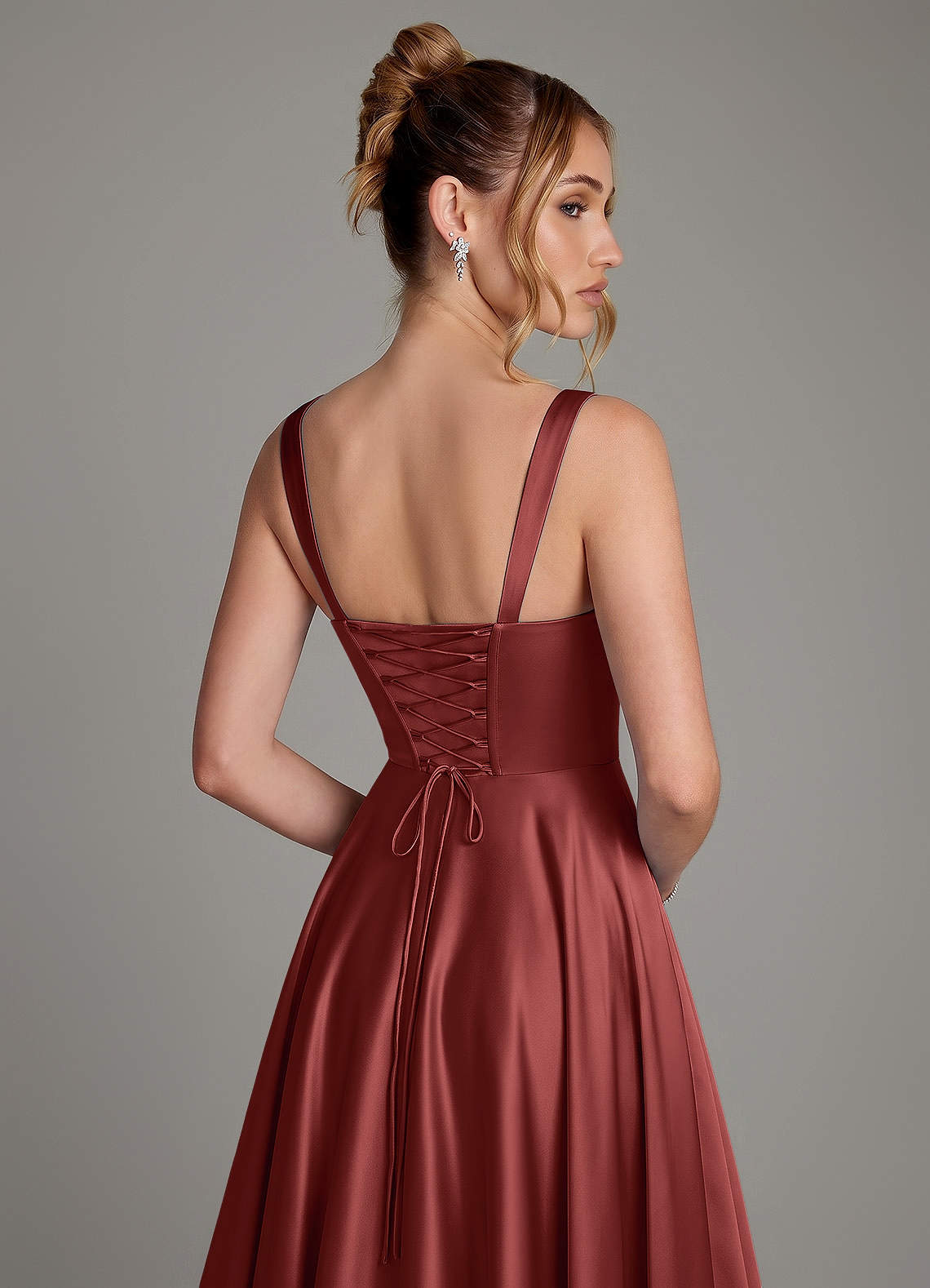 Azaria A-Line Square-Neck Stretch Satin Bridesmaid Dress in Terracotta