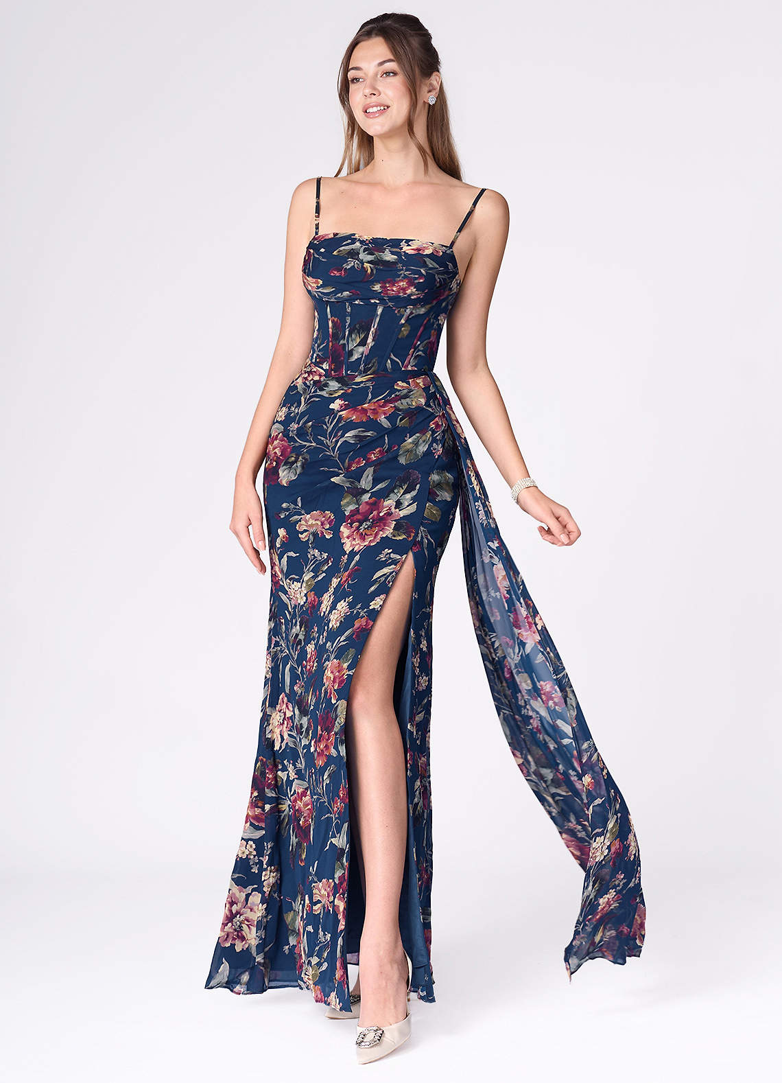Aurra A-Line Pleated Floral Chiffon Wedding Guest Dress in Navy Multi