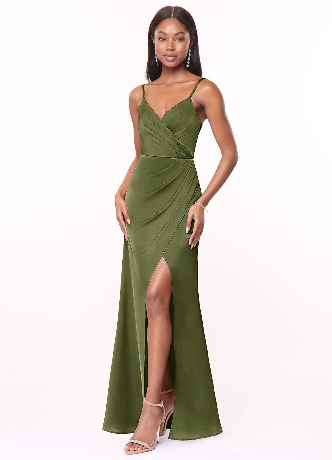 Maci A-Line V-Neck Stretch Satin Bridesmaid Dress in Olive