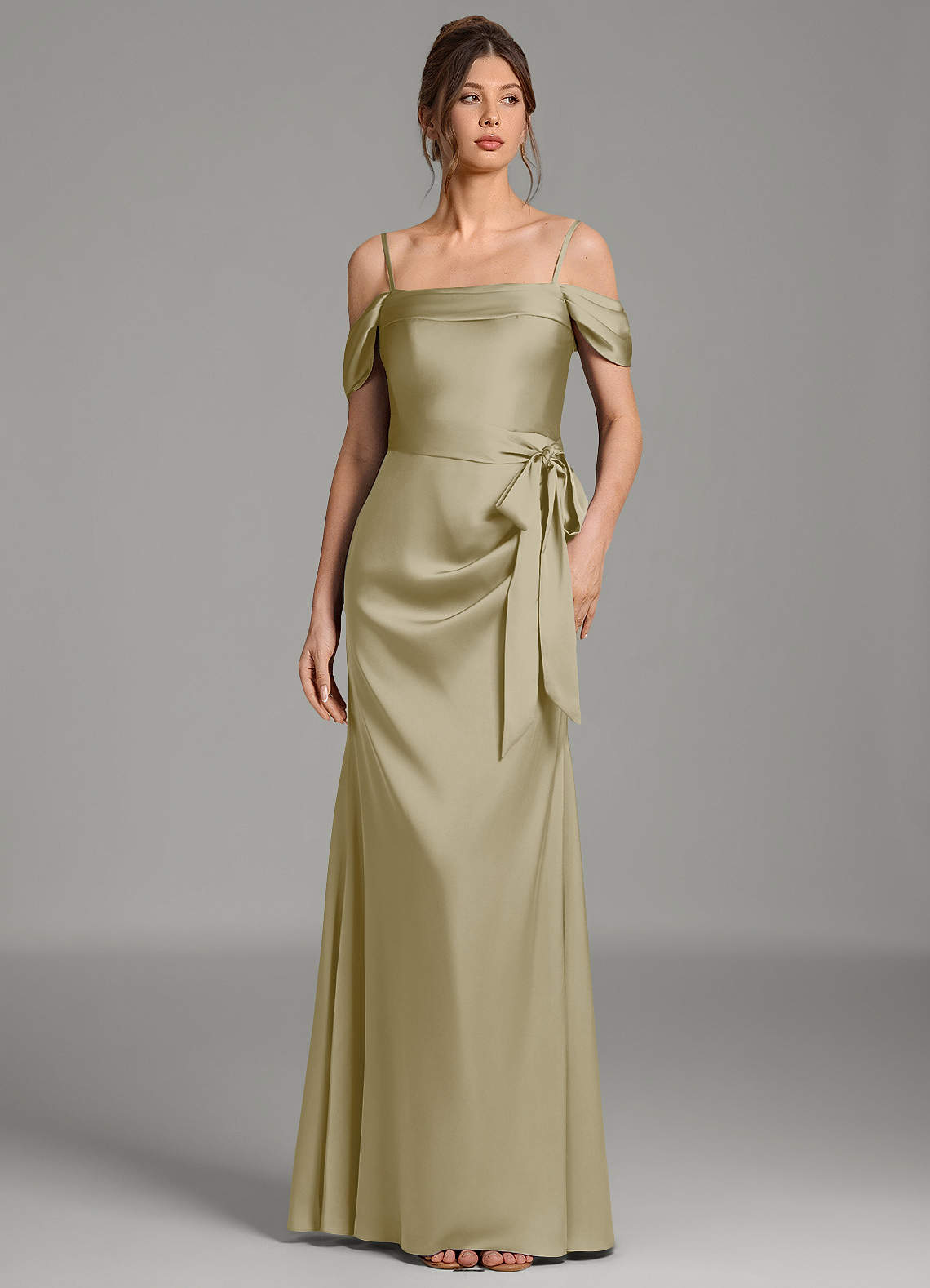Wyatt Mermaid Off-the-Shoulder Stretch Satin Bridesmaid Dress in Moss Green