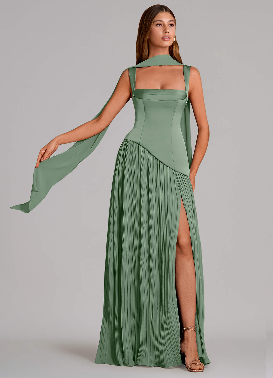 Stephanie A-Line Square-Neck Stretch Satin and Chiffon Bridesmaid Dress in Matcha