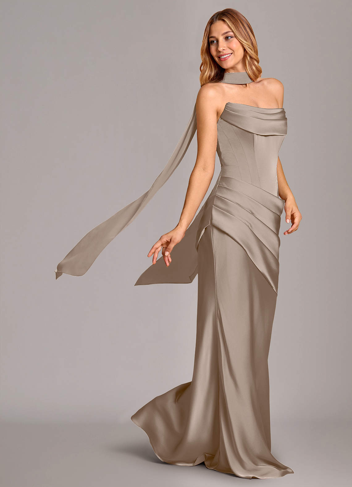 Pelagia Mermaid Cowl-Neck Stretch Satin Bridesmaid Dress in Taupe